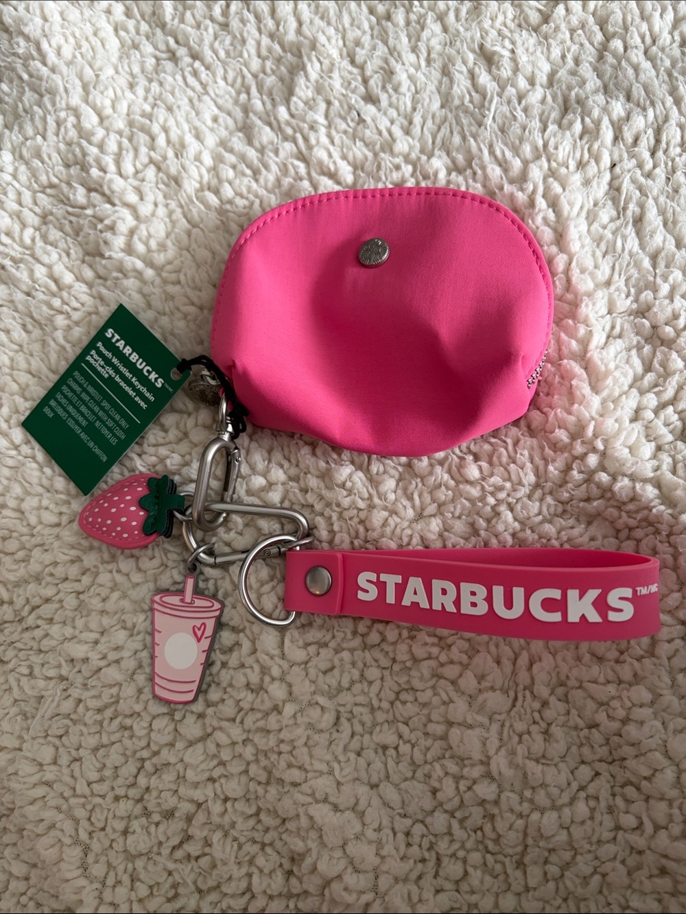 Starbucks Hot Pink Wristlet with Strawberry and Cup Charms